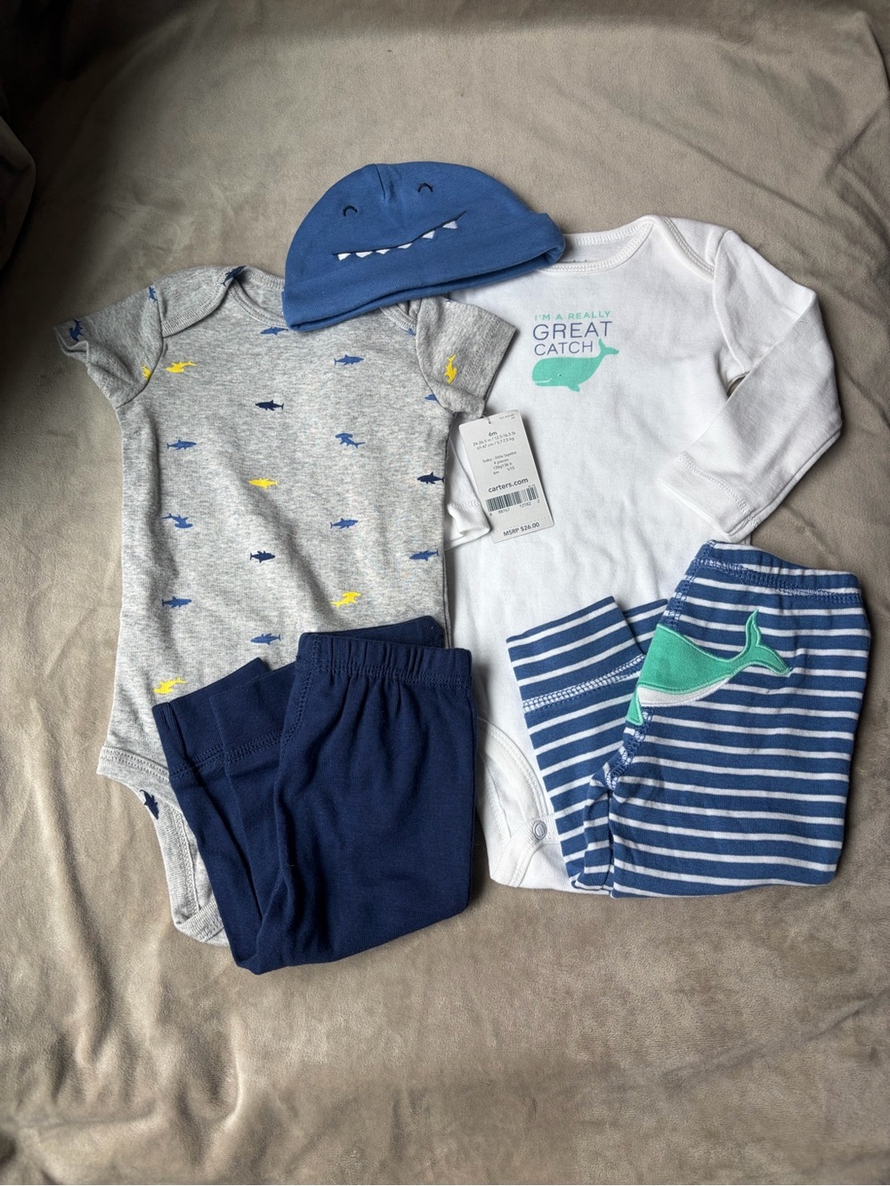 Carter's White Baby Outfit Set with Blue Hat and shark outfit
